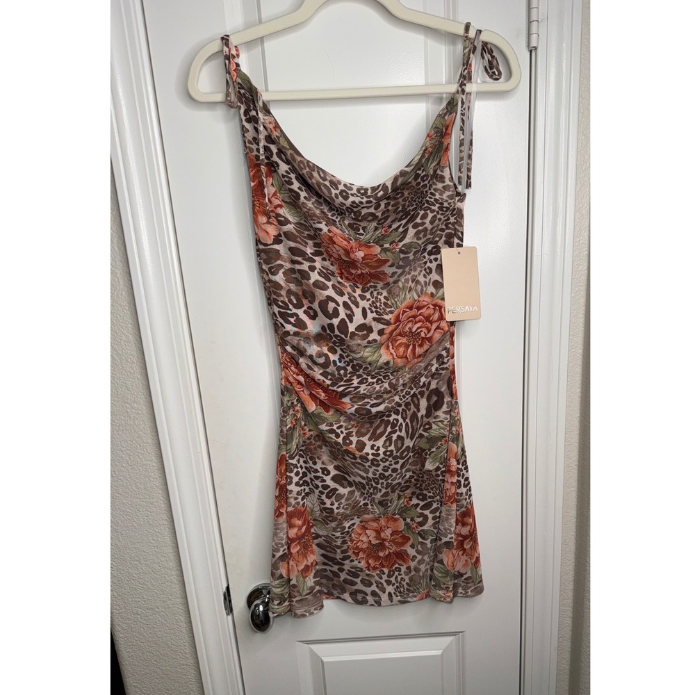 Persaya Leopard Floral Cowl Neck Mini‎ Dress Tie Strap Ruched Mesh PDC9620 Small